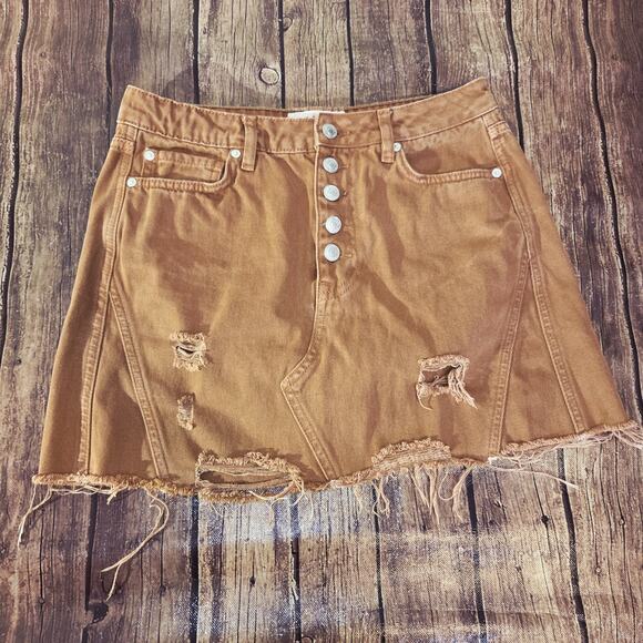 Free People Denim Skirt Women 28 Rust Mini Distressed Pockets Button Fly Western - Picture 1 of 10